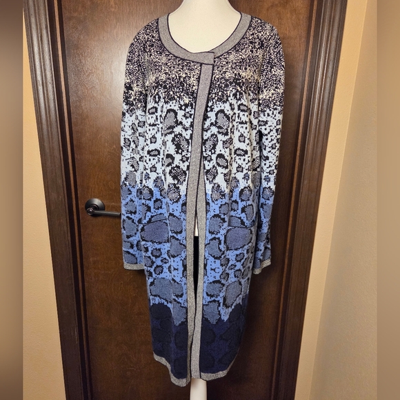 Roz & Ali Sweaters - Roz & Ali Gray, Black and Blue Long Knit Cardigan Sweater